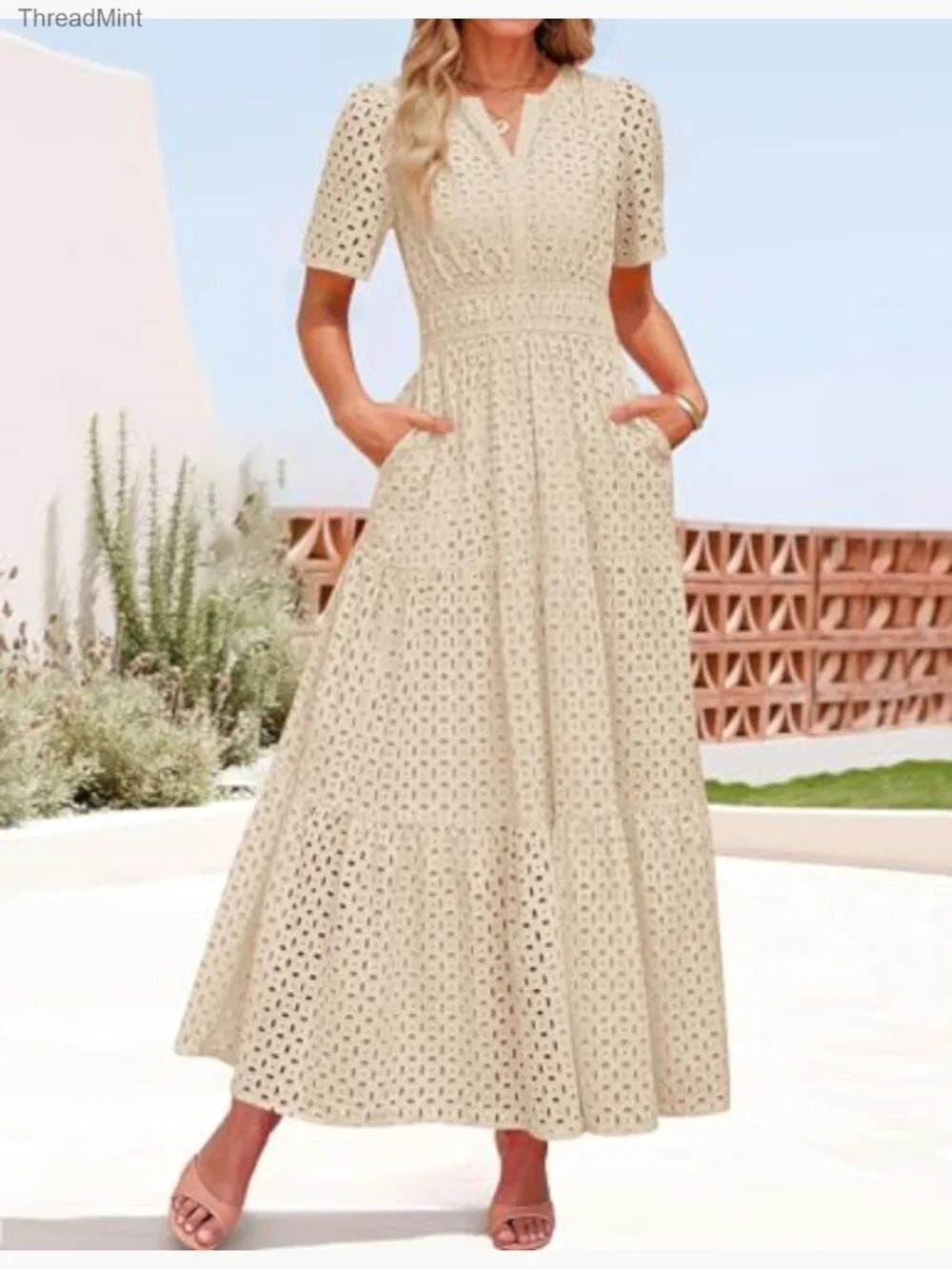 Summer Maxi Dress V Neck Short Sleeve Eyelet Ruffle A Line Casual - Picture 3 of 7